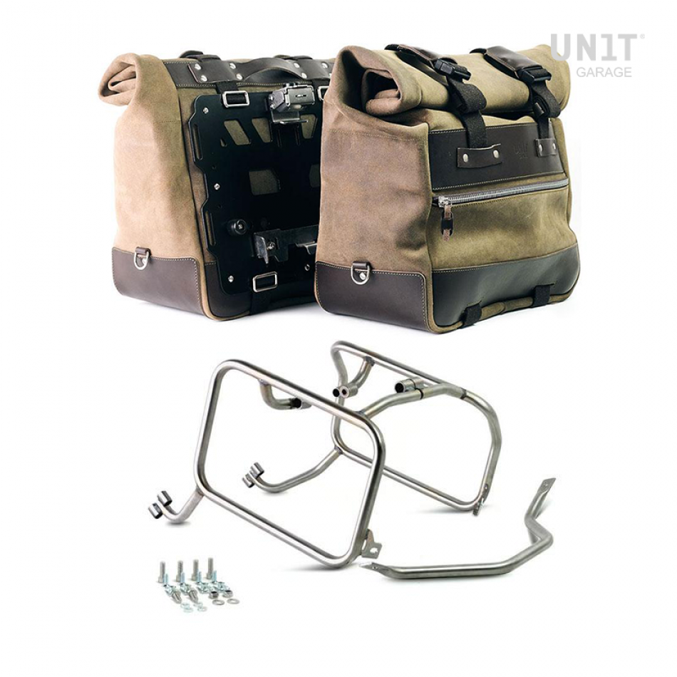 Coppia borse laterali Cult in Crosta di cuoio 40L - 50L + Piastra in Alluminio + Telai KTM per borse in alluminio Atlas