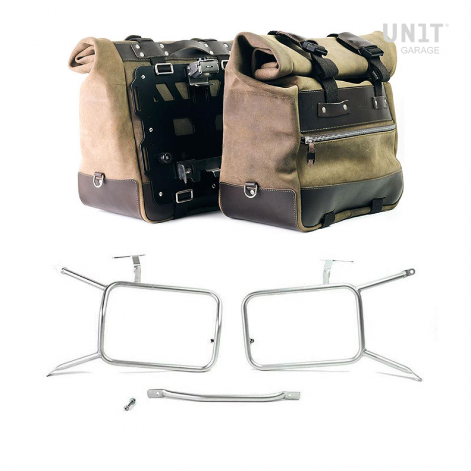 Coppia borse laterali Cult in Crosta di cuoio 40L - 50L + Piastra in Alluminio + Telai per borse in alluminio Atlas nineT