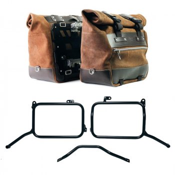Coppia borse laterali Cult in Crosta di cuoio 40L - 50L + Piastra in Alluminio + Telai per borse in alluminio Royal Enfield Himalayan 450 per scarico aftermarket (2024 in poi)