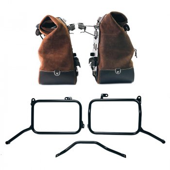 Coppia borse laterali Cult in Crosta di cuoio 40L - 50L + Piastra in Alluminio + Telai per borse in alluminio Royal Enfield Himalayan 450 per scarico aftermarket (2024 in poi)